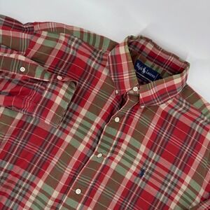 Polo Ralph Lauren Shirt Mens L Red Green Plaid Button Down Long‎ Sleeve Cotton
